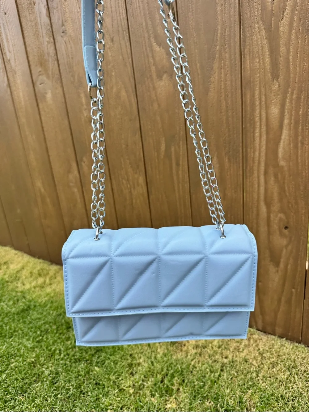 Quilted Light Blue Chain Strap Crossbody Bag